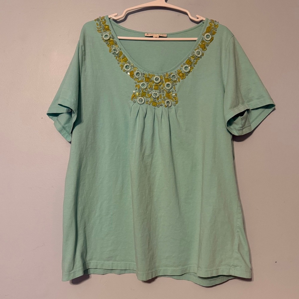JM Collection Woman's 2X Mint Green Embellished V-Neck Cotton Top 2137